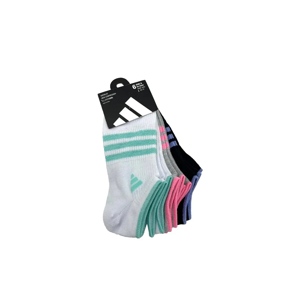 Adidas Girl's No Show 6 Pack Athletic Multi-Color‎ Socks Size L 5Y-7Y  IR0997